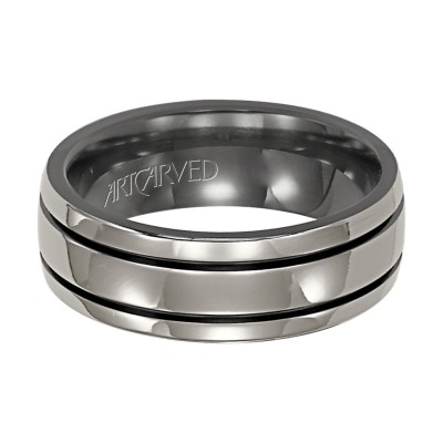 Comfort Fit Engraved Grey And Black Titanium Wedding Band