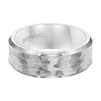 Comfort Fit Tungsten Carbide Wedding Band With Hammered Brushed Finish And Beveled Edges