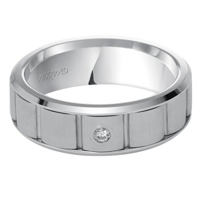 White Tungsten Carbide Wedding Band With Single Row Brick Center And Diamond Detail