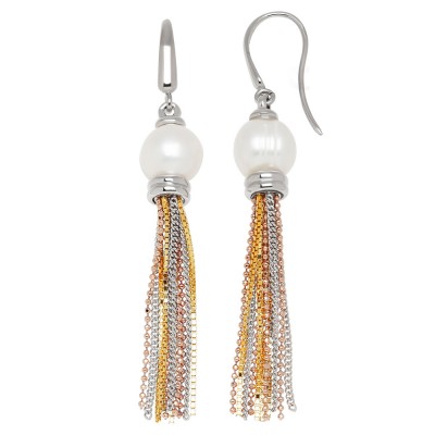 Bronze 8.5-9mm White Freshwater Cultured Pearl with Tri Tone Tassle Earrings