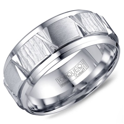 A White Cobalt Torque Band With A Textured Center And Carved Details.