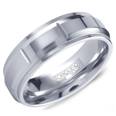 A White Cobalt Torque Band With A Polished Center, Brushed Beveled Edges And Carved Detailing.