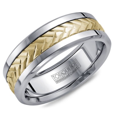 A Torque Ring In White Cobalt With A Carved Yellow Gold Center.