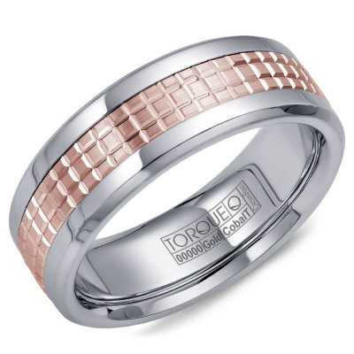 A Torque Ring In White Cobalt With A Carved Rose Gold Center.