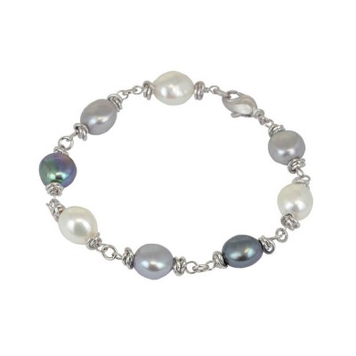 Sterling Silver 9-10MM Black White Gray Baroque Freshwater Cultured Pearl 7.5