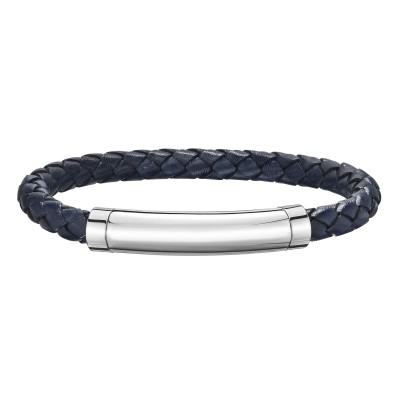 Silver With Rhodium Finish Woven Blue Leather Bracelet With Large Magnetic Clasp And  Blue Sapphire