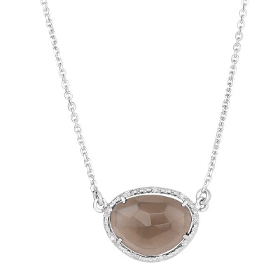 Silver Oval Diamonds Sideways Pendant With Large Smokey Quartz On 17 In Chain