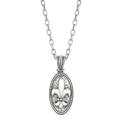 Silver Oval Fleur De Lis Pendant With Diamond