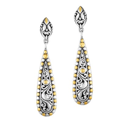 Silver And 18Kt Gold Oxidized Finish 28X9Mm Teardrop Earrings With Push Back