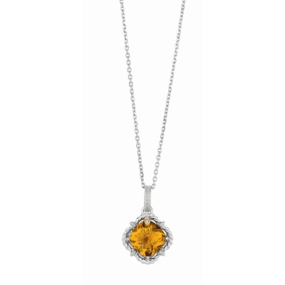 Silver And 18Kt Gold Gem Candy Cushion Whisky Quartz And Diamonds Pendant With Woven F Inish On 18 In Cha In