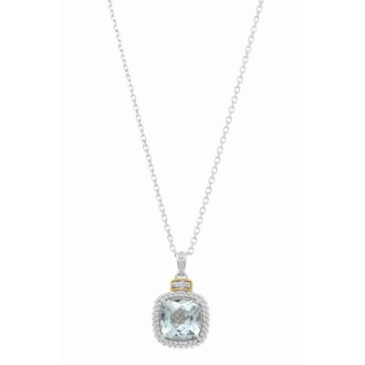 Silver And 18Kt Gold Popcorn Pendant With Large Square Cushion Blue Topaz And Diamonds On 18In Chain