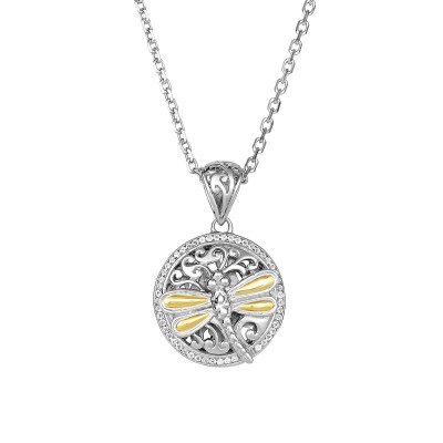 Silver And 18Kt Gold 14Mm Round Dragonfly  Pendant With White Sapphires On 18In Chain