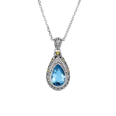 Silver And 18Kt Gold Teardrop Filigree Pendant With Blue Topaz And  White Sapphires On  18In Chain