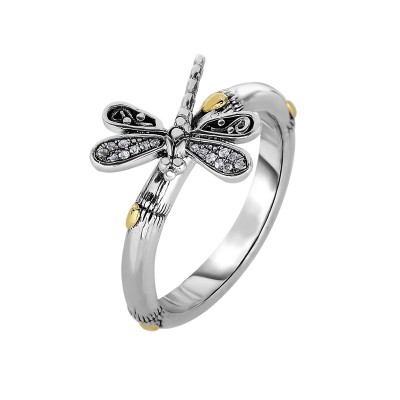 Silver And 18Kt Gold Bamboo Textured Dragonfly Ring With White Sapphires