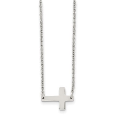 Stainless Steel Polished Sideways Cross 16in Necklace