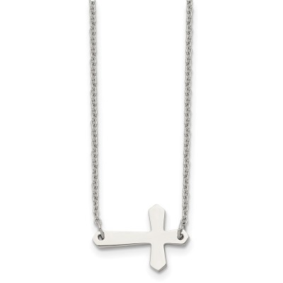 Stainless Steel Polished Sideways Cross 17in Necklace