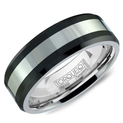 A Black Ceramic Torque Band With A White Center.