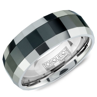 A Black Ceramic Torque Band With White Edges.