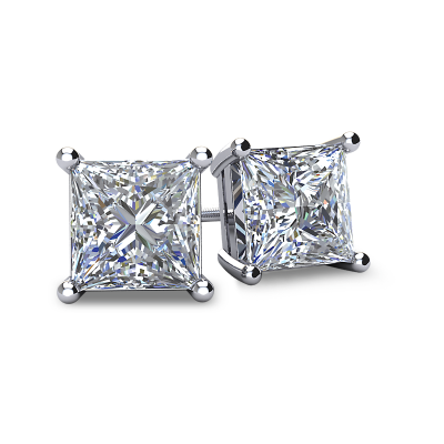 4-PRONG 14K WHITE GOLD PRINCESS-CUT DIAMOND STUD EARRINGS WITH FRICTION BACKS